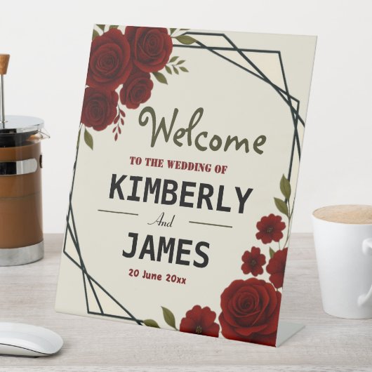 Burgundy Red & Black Geometric Wedding Modern  台座サイン (インサイチュ)