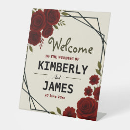 Burgundy Red & Black Geometric Wedding Modern  台座サイン