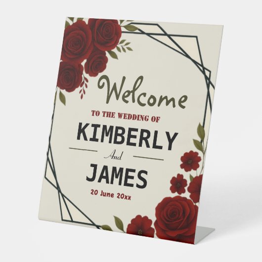 Burgundy Red & Black Geometric Wedding Modern  台座サイン (正面)