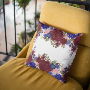 Burgundy Red Blue Navy Rose Flower Waterfall Drop クッション