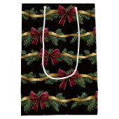 Burgundy Red Bows Gold Ribbons Christmas ミディアムペーパーバッグ (裏面)