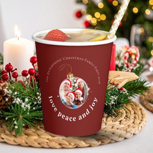 Burgundy Red Christmas Family Photo Love Peace Joy 紙コップ
