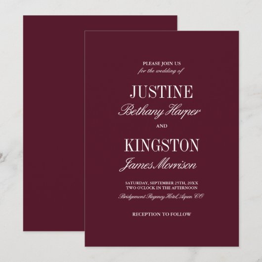 Burgundy Red Classic Script Wedding Invitation  招待状 (正面/裏面)