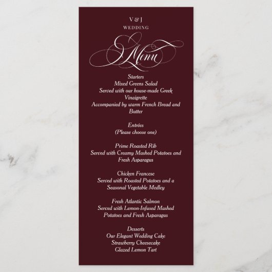 Burgundy Red Elegant Monogram Wedding メニュー (正面)