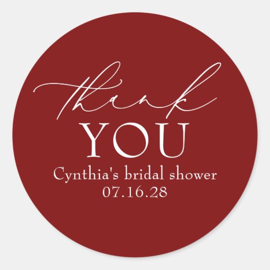 Burgundy Red Elegant Script Modern Thank You  ラウンドシール (正面)