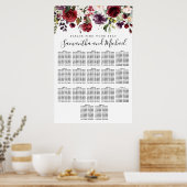 Burgundy Red Floral 17-Table Wedding Seating Chart ポスター (キッチン)