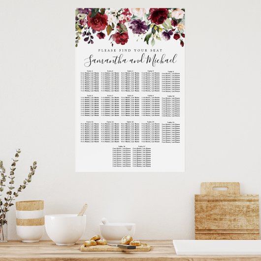 Burgundy Red Floral 17-Table Wedding Seating Chart ポスター (キッチン)