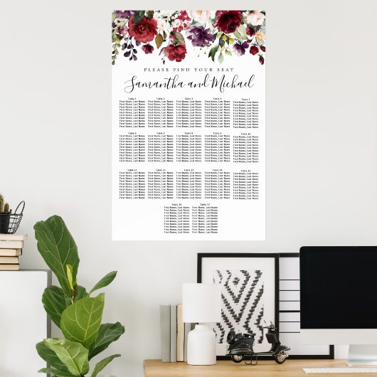 Burgundy Red Floral 17-Table Wedding Seating Chart ポスター (ホームオフィス)