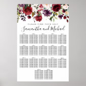 Burgundy Red Floral 17-Table Wedding Seating Chart ポスター (正面)