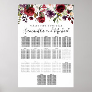Burgundy Red Floral 17-Table Wedding Seating Chart ポスター