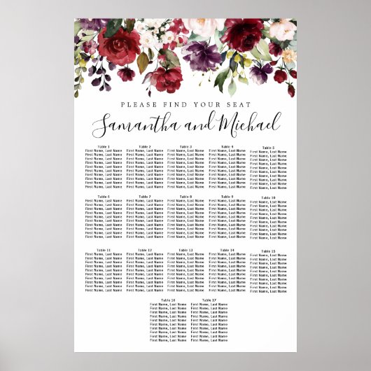 Burgundy Red Floral 17-Table Wedding Seating Chart ポスター (正面)