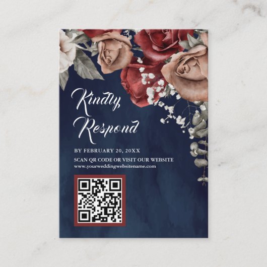 Burgundy Red Floral QR Code RSVP Navy Blue Wedding エンクロージャーカード (正面)