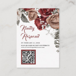 Burgundy Red Floral QR Code RSVP Wedding Website エンクロージャーカード