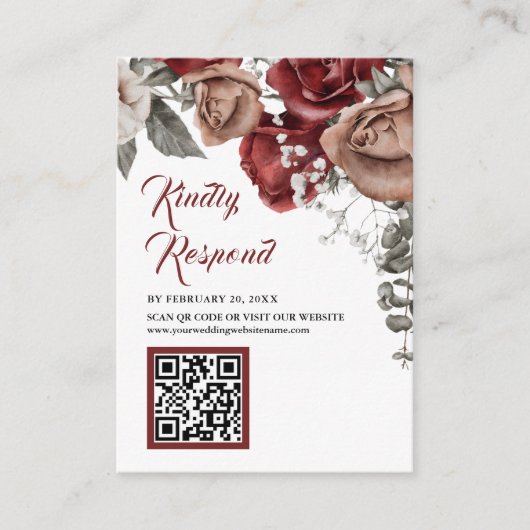 Burgundy Red Floral QR Code RSVP Wedding Website エンクロージャーカード (正面)