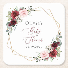 Burgundy Red Flowers, Pink Flowers, Baby Shower スクエアペーパーコースター