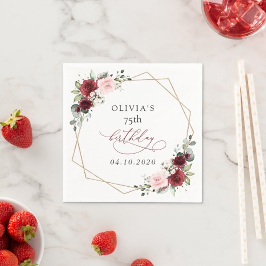 Burgundy Red Flowers, Pink Flowers, Birthday スタンダードカクテルナプキン (インサイチュ)