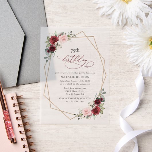 Burgundy Red Flowers, Pink Flowers, Birthday ベラム紙招待状 (ウェディング)