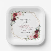 Burgundy Red Flowers, Pink Flowers, Birthday ペーパープレート (正面)