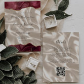 Burgundy Red Gold Agate Ivory Silk QR Code Wedding 招待状
