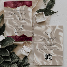 Burgundy Red Gold Agate Ivory Silk QR Code Wedding 招待状