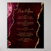 Burgundy Red Gold Agate Script Wedding Bar Menu  ポスター (正面)