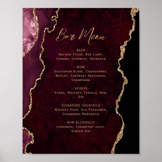 Burgundy Red Gold Agate Script Wedding Bar Menu  ポスター (正面)