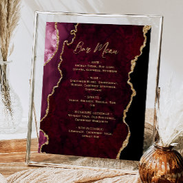 Burgundy Red Gold Agate Script Wedding Bar Menu ポスター