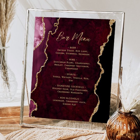 Burgundy Red Gold Agate Script Wedding Bar Menu  ポスター