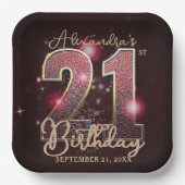 Burgundy Red Gold Faux Sequin 21st Birthday Party ペーパープレート (正面)