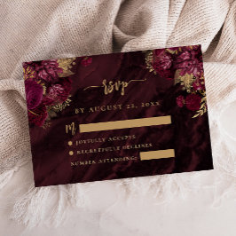 Burgundy Red Gold Floral Agate Script Wedding RSVP エンクロージャーカード