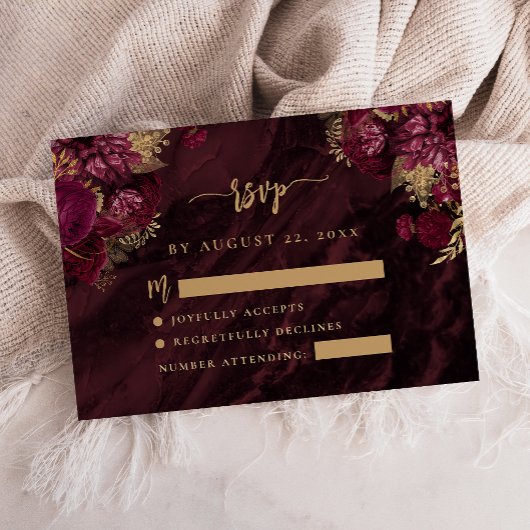 Burgundy Red Gold Floral Agate Script Wedding RSVP エンクロージャーカード