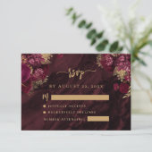 Burgundy Red Gold Floral Agate Script Wedding RSVP エンクロージャーカード (スタンド正面)