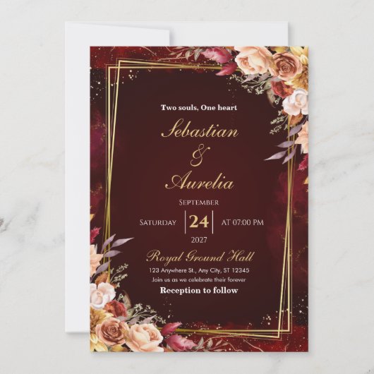 Burgundy Red & Gold Frame Floral Wedding Invite 招待状 (正面)