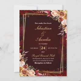 Burgundy Red & Gold Frame Floral Wedding Invite 招待状