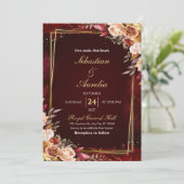 Burgundy Red & Gold Frame Floral Wedding Invite 招待状 (スタンド正面)