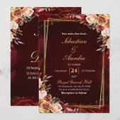 Burgundy Red & Gold Frame Floral Wedding Invite 招待状 (正面/裏面)