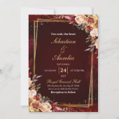 Burgundy Red & Gold Frame Floral Wedding Invite 招待状 (正面)