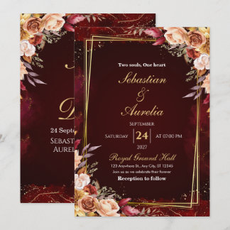 Burgundy Red & Gold Frame Floral Wedding Invite 招待状