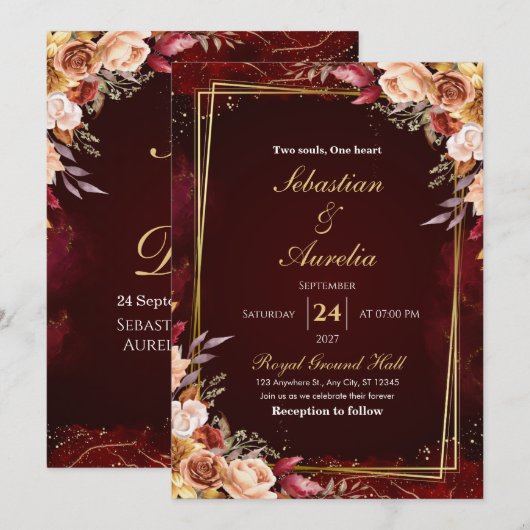 Burgundy Red & Gold Frame Floral Wedding Invite 招待状 (正面/裏面)