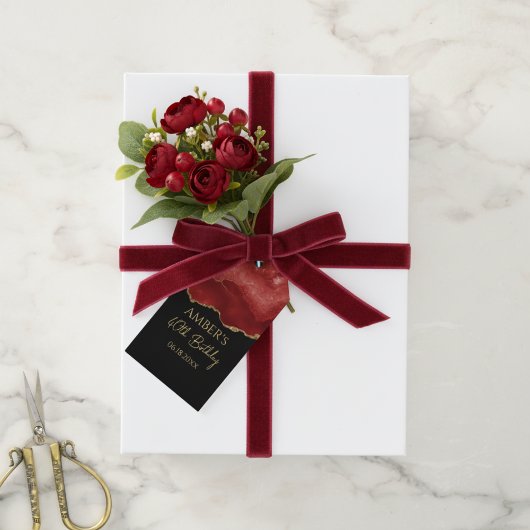 Burgundy Red Gold Glitter Abstract Watercolor ギフトタグ