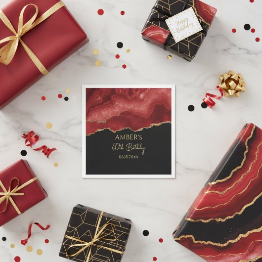 Burgundy Red Gold Glitter Abstract Watercolor スタンダードカクテルナプキン