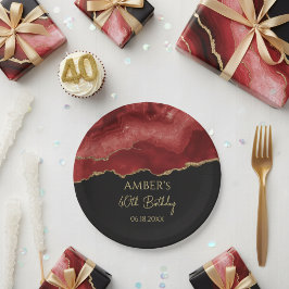 Burgundy Red Gold Glitter Abstract Watercolor ペーパープレート