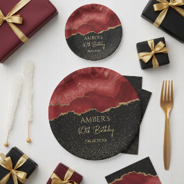 Burgundy Red Gold Glitter Abstract Watercolor ペーパープレート