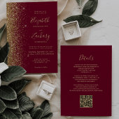 Burgundy Red Gold Glitter QR Code Wedding 招待状