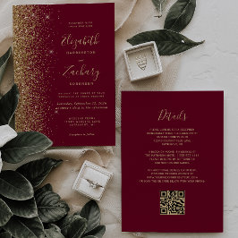 Burgundy Red Gold Glitter QR Code Wedding 招待状