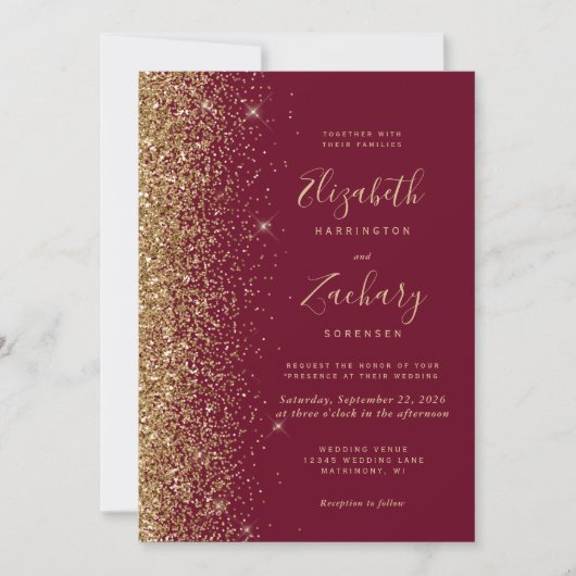 Burgundy Red Gold Glitter QR Code Wedding 招待状 (正面)