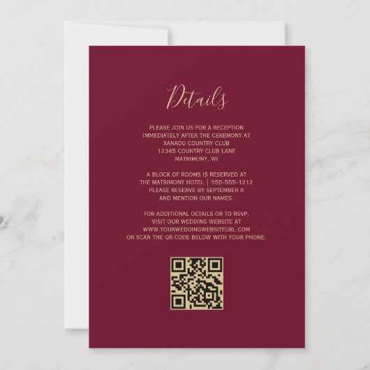 Burgundy Red Gold Glitter QR Code Wedding 招待状 (裏面)
