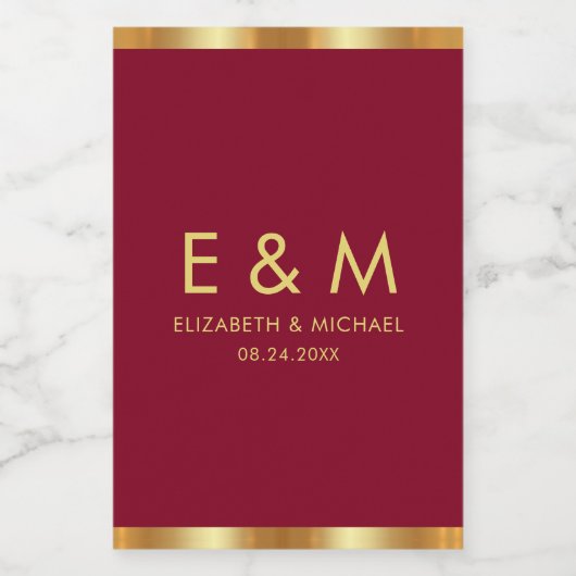 Burgundy Red Gold Monogram Text Save the Date ワインラベル (シングルラベル)