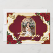 Burgundy Red & Gold Rose Quinceañera Photo サンキューカード (正面)