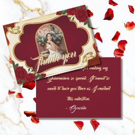 Burgundy Red & Gold Rose Quinceañera Photo サンキューカード